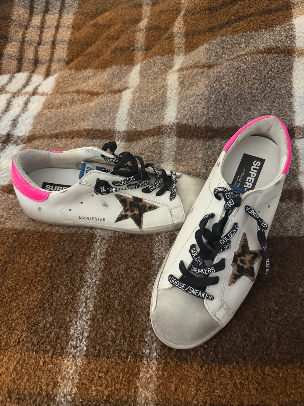 Golden Goose White Leather Sneakers with Leopard Star and Pink Heel Tab
